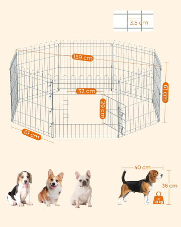 Tarc pliabil din otel pentru animale 8 panouri, modular patrat sau octogon, 159x159x61 cm, argintiu [3]