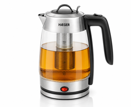 Fierbator electric HAEGER PERFECT TEA, Capacitate 1,8 L, Putere 2200 W, Vas din sticla, Baza rotativa 360 grade, Oprire automata, Fara fir, Argintiu [4]