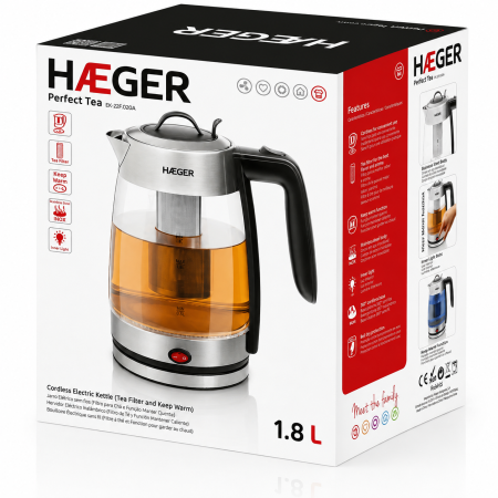 Fierbator electric HAEGER PERFECT TEA, Capacitate 1,8 L, Putere 2200 W, Vas din sticla, Baza rotativa 360 grade, Oprire automata, Fara fir, Argintiu [5]