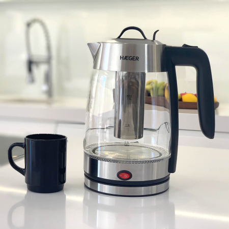 Fierbator electric HAEGER PERFECT TEA, Capacitate 1,8 L, Putere 2200 W, Vas din sticla, Baza rotativa 360 grade, Oprire automata, Fara fir, Argintiu [2]