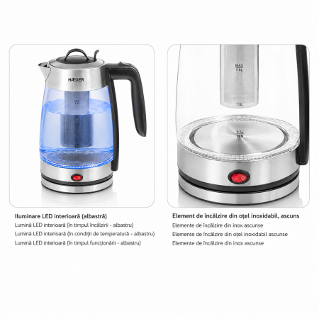 Fierbator electric HAEGER PERFECT TEA, Capacitate 1,8 L, Putere 2200 W, Vas din sticla, Baza rotativa 360 grade, Oprire automata, Fara fir, Argintiu [3]