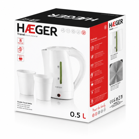 Fierbator portabil HAEGER TRAVEL, Capacitate 0.5L (voltaj dublu 110/240V), Putere 1100W, Oprire automata si protectie fierbere fara apa, Include 2 cani plastic, Alb [3]