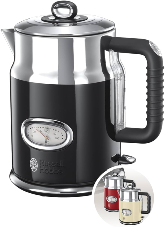 Fierbatoare - Fierbator Russell Hobbs Retro Classic, 1.7L, 2400W, design retro, filtru calcar, indicator nivel apa, negru