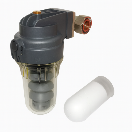 Incalzirea apei si a locuintei - Filtru orientabil anticalcar cu cartus polifosfat Giacomini R142DX003, by-pass automat, racord reglabil 1/2”