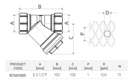 Filtru Y Giacomini R74AY009, filet interior G 2" 1/2, alama, inspectabil, 16 bar, 500 microni, pentru sisteme HVAC [1]