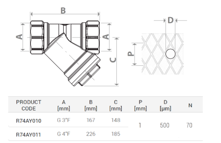 Filtru Y Giacomini R74AY011, filet interior G 4”, bronz, inspectabil, 16 bar, 500 microni, pentru sisteme HVAC [1]
