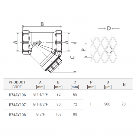 Filtru Y Giacomini R74AY107, filet interior G 1 1/2", alama, inspectabil, 30 bar, 500 microni, pentru sisteme HVAC si incalzire [1]