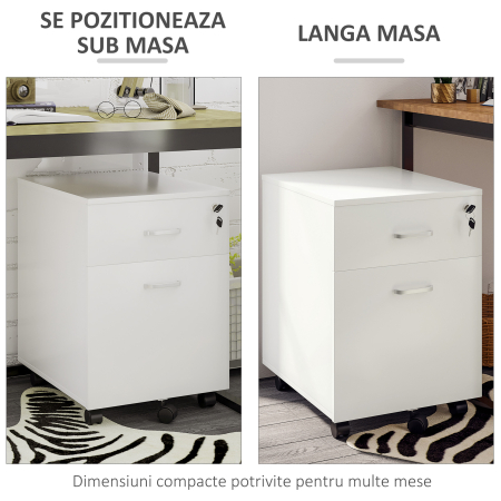 Fiset Birou cu 2 Sertare cu 5 Roti, Dulapior de Birou din PAL cu Incuietoare, 40x49x58 cm, culoare Lemn [4]