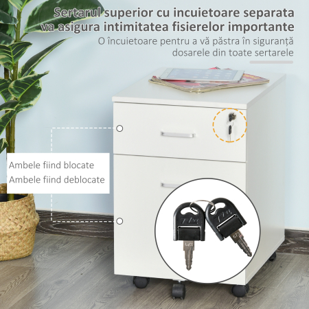  Fiset Birou cu 2 Sertare cu 5 Roti, Dulapior de Birou din PAL cu Incuietoare, 40x49x58 cm, culoare Lemn [5]