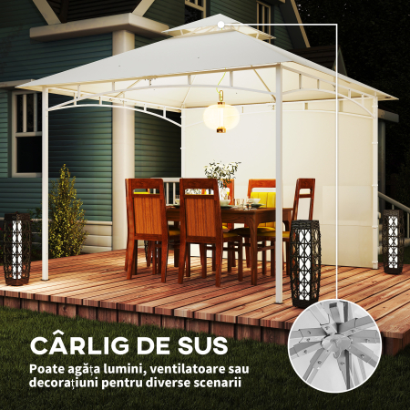  Foisor de Gradina 3x3 m cu Corturi, Buzunare pentru Depozitare si Carlig la Tavan, Foisor din Metal cu Acoperis Dublu, Orificii de Drenaj, UV30+, Crem [6]