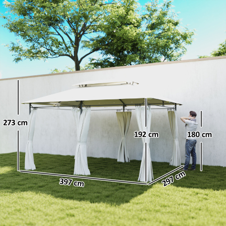  Foisor de Gradina 3x4 m cu Perdele Detasabile, Acoperis Dublu si Structura din Metal, Crem [2]