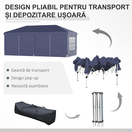  Foisor de gradina pliabil pentru exterior cu 6 panouri laterale, 585x295cm albastru [4]