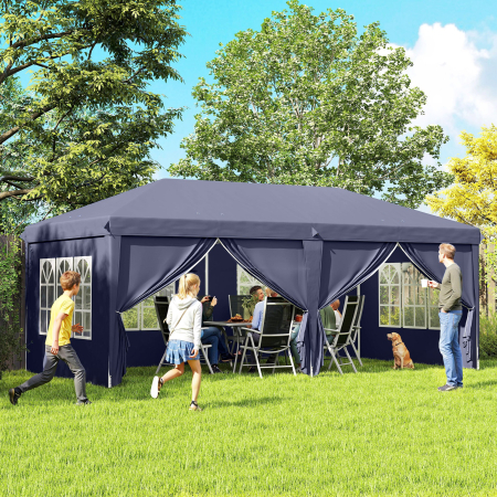  Foisor de gradina pliabil pentru exterior cu 6 panouri laterale, 585x295cm albastru [1]