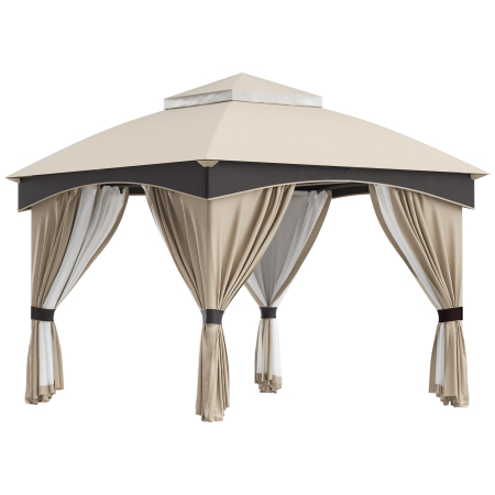 Gradina & balcon -  Foisor pentru gradina 3m x 3 m, Adapost copertina foisor exterior cu acoperis dublu cu plasa & draperii, Cadru din otel galvanizat pentru gradina, gazon, curtea din spate si punte