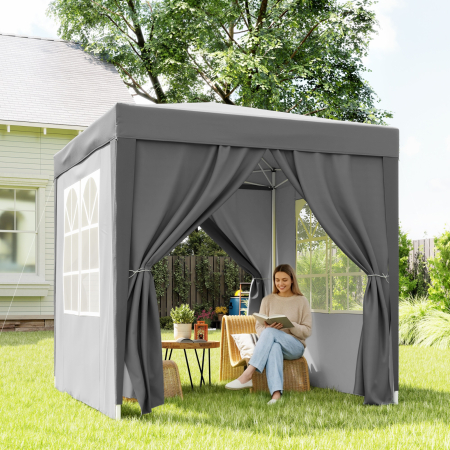  Foisor Pliabil 2x2 m Pop-Up cu 2 Usi, 2 Ferestre, 4 Pereti Detasabili, Foisor de Exterior cu Geanta de Transport din Otel si tesatura Oxford, pentru Gradina, Petreceri, Camping, Gri [7]