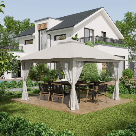  Foisor Pliabil Pop Up 4x4 m cu Inaltime Reglabila pe 3 Nivele, Foisor Exterior cu Plase de tantari, Saci de Nisip, Geanta de Transport, UV50+, pentru Gradina, Camping, Evenimente, Crem [1]