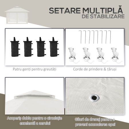  Foisor Pliabil Pop Up 4x4 m cu Inaltime Reglabila pe 3 Nivele, Foisor Exterior cu Plase de tantari, Saci de Nisip, Geanta de Transport, UV50+, pentru Gradina, Camping, Evenimente, Crem [6]