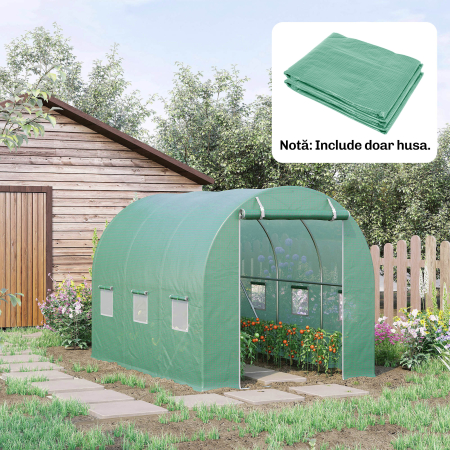  Folie pentru sera din PE cu 6 ferestre, usa rulabila si margini pentru ingropare, 3x2x2 m, verde [1]