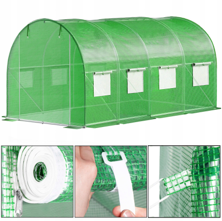 Folie pentru sera gradina 400x250x200 cm, 140 g/m², armata cu plasa, UV4, 9 ferestre, verde [10]