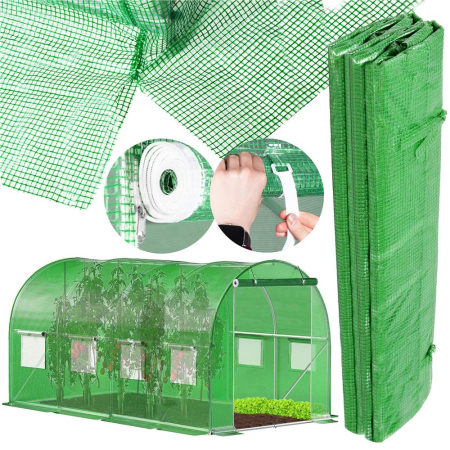 Folie pentru sera gradina 450x200x200 cm, 140 g/m², armata cu plasa, UV4, 9 ferestre, verde [19]