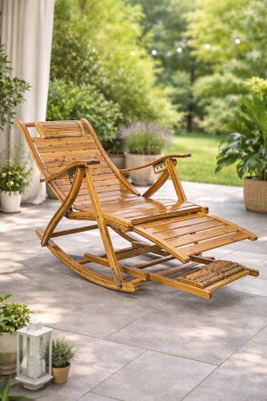Fotoliu balansoar multifunctional, reglabil 5 pozitii, cu suport picioare si masaj, 158 cm, bambus [2]