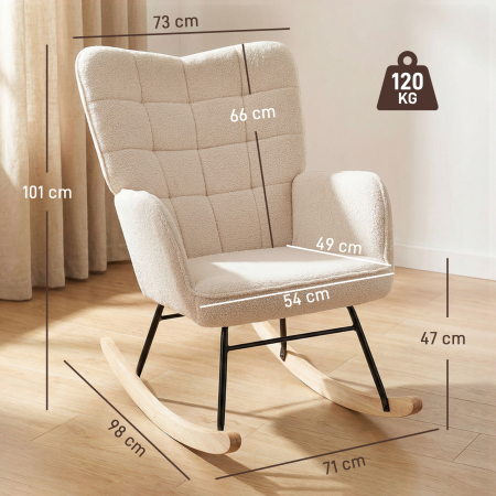  Fotoliu Balansoar Tapitat din Lemn si Otel pentru Living si Dormitor, 71x98x101 cm, Bej [2]