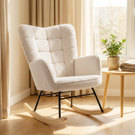  Fotoliu Balansoar Tapitat din Lemn si Otel pentru Living si Dormitor, 71x98x101 cm, Bej [1]