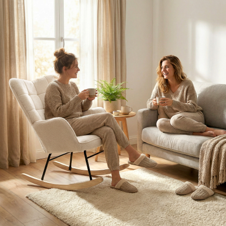  Fotoliu Balansoar Tapitat din Lemn si Otel pentru Living si Dormitor, 71x98x101 cm, Bej [8]