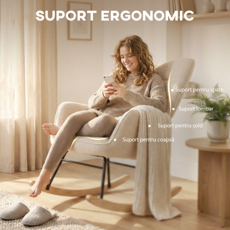  Fotoliu Balansoar Tapitat din Lemn si Otel pentru Living si Dormitor, 71x98x101 cm, Bej [4]