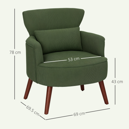  Fotoliu Capitonat cu Perna si sezut Gros, Fotoliu din Catifea cu Spatar si Picioare din Lemn, 69x69,5x78 cm, Verde [2]