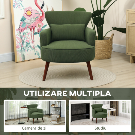  Fotoliu Capitonat cu Perna si sezut Gros, Fotoliu din Catifea cu Spatar si Picioare din Lemn, 69x69,5x78 cm, Verde [7]