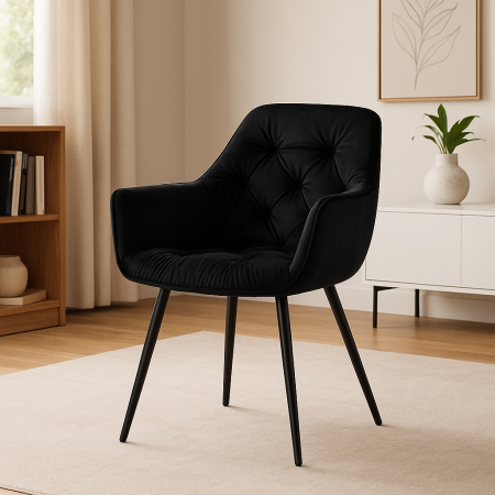 Fotoliu catifea tapitat, cu spatar inalt si design cu cusaturi, 55x60x89 cm, negru [2]