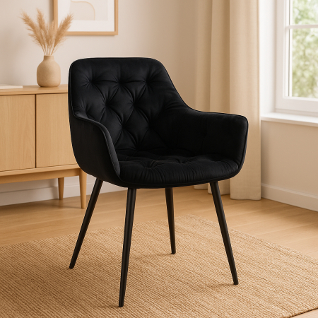 Fotoliu catifea tapitat, cu spatar inalt si design cu cusaturi, 55x60x89 cm, negru [1]