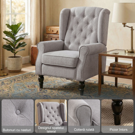  Fotoliu Chesterfield in Tesatura Detasabila cu Sezuta Ampla Gri 74 x 86 102 cm [3]
