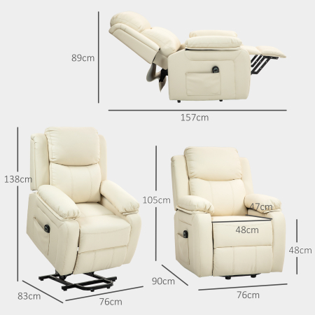  Fotoliu cu Functie de Ridicare Reclinabil la 160° cu Suport pentru Picioare si Telecomanda, din Piele PU si Otel, 76x90x105 cm, Crem [2]