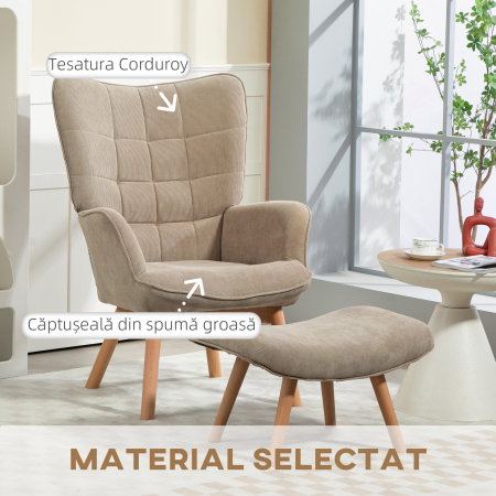  Fotoliu cu Taburet din Catifea cu Model Crestat , Spatar inalt si Brate, 72x80x101 cm, Bej [3]