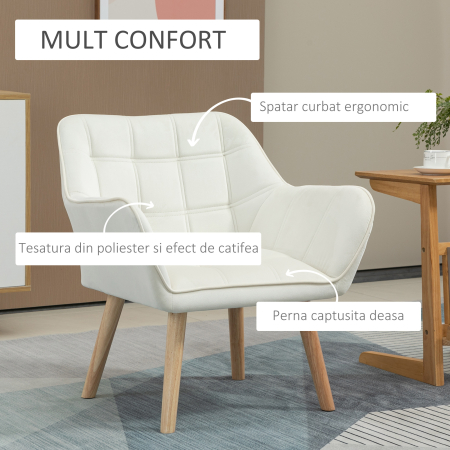  Fotoliu de design scandinav din lemn si catifea de culoare crem, pentru sufragerie sau birou, 67x61,5x71cm [3]