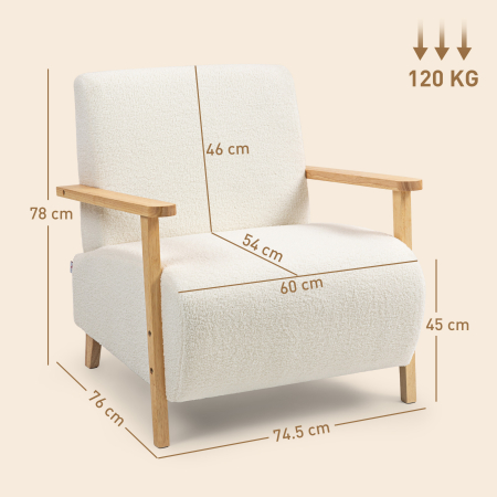  Fotoliu de Living din Material Sherpa si Lemn Stil Nordic, Crem [2]
