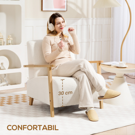  Fotoliu de Living din Material Sherpa si Lemn Stil Nordic, Crem [3]