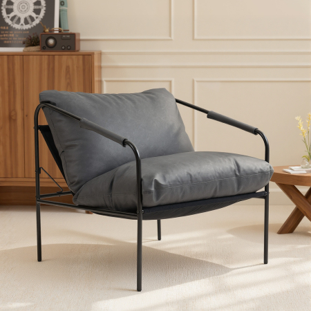  Fotoliu de Living din Piele PU si Cadru Metalic cu Perne Groase, 74,5x75x77 cm, Gri Carbune [7]