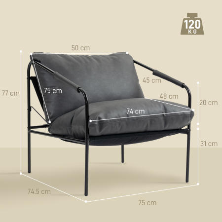  Fotoliu de Living din Piele PU si Cadru Metalic cu Perne Groase, 74,5x75x77 cm, Gri Carbune [2]