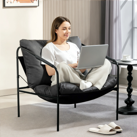  Fotoliu de Living din Piele PU si Cadru Metalic cu Perne Groase, 74,5x75x77 cm, Gri Carbune [6]