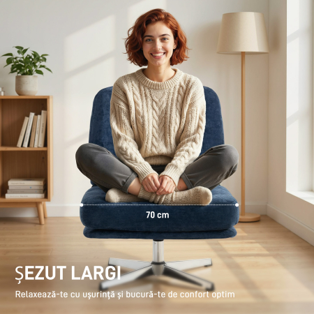  Fotoliu de Living Pivotant imbracat in Chenila cu sezut Lat, Fotoliu Modern pentru Dormitor cu Picioare Metalice, Albastru inchis [3]