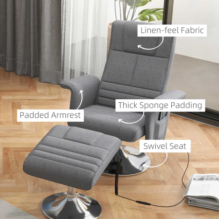  Fotoliu de masaj si reclinabil cu suport pentru picioare, din material textil cu efect de in, 78x90x93 cm, Gri inchis [6]