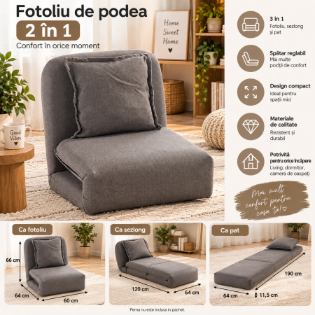 Fotoliu de podea extensibil 3 in 1, transformabil in sezlong pentru relaxare si pat pentru dormit, design multifunctional si compact pentru living sau [7]