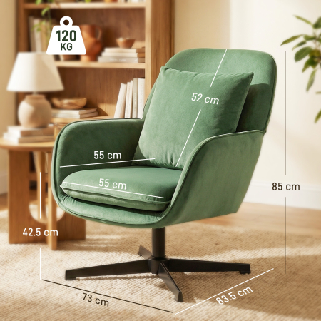  Fotoliu de Salon Rotativ 360° cu Perna Lombara Detasabila, sezut Generos, Fotoliu Tapitat Modern din Catifea cu Cotiere, pentru Living, 73x83.5x85 cm, Verde [2]