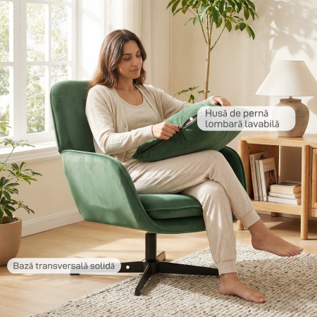  Fotoliu de Salon Rotativ 360° cu Perna Lombara Detasabila, sezut Generos, Fotoliu Tapitat Modern din Catifea cu Cotiere, pentru Living, 73x83.5x85 cm, Verde [7]