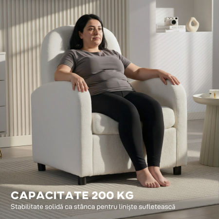  Fotoliu de Salon Tapitat cu Spatiu de Depozitare Ascuns, Spatar inalt, Fotoliu Modern cu Cotiere, Perna Lombara si sezut Spatios, din Plus Teddy, pentru Dormitor si Sufragerie, Crem [6]