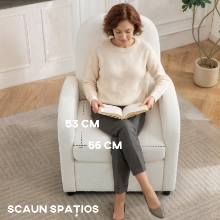  Fotoliu de Salon Tapitat cu Spatiu de Depozitare Ascuns, Spatar inalt, Fotoliu Modern cu Cotiere, Perna Lombara si sezut Spatios, din Plus Teddy, pentru Dormitor si Sufragerie, Crem [4]