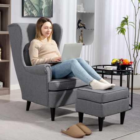  Fotoliu de Sufragerie din Material Textil cu Taburet, Spatar inalt si Perna, Gri [1]